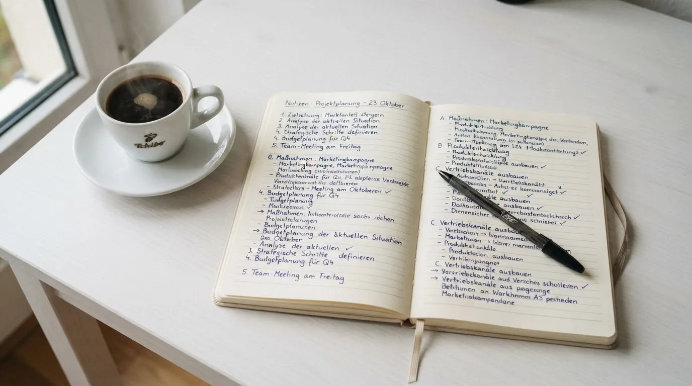 Ein aufgeschlagenes Notizbuch mit handschriftlichen Notizen und ein Kugelschreiber liegen auf einem hellen Schreibtisch neben einer Kaffeetasse.