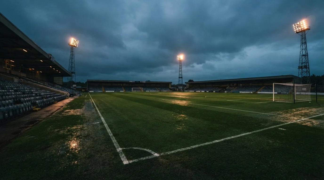 Ein Fußballplatz mit Flutlichtmasten in der Abenddämmerung, aus der Ferne gesehen, leere Tribünen und nasser Rasen unter bewölktem Himmel.