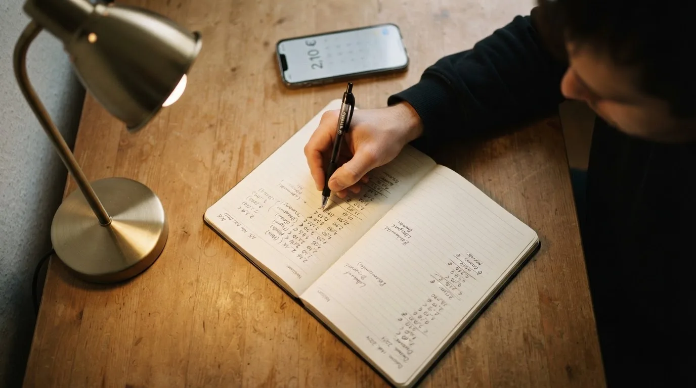 Ein Taschenrechner und ein Blatt Papier mit handschriftlichen Notizen liegen auf einem Schreibtisch unter dem warmen Licht einer Lampe.