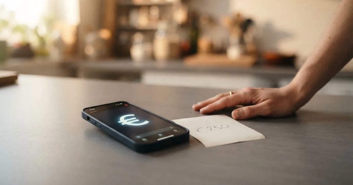 Eine Hand legt ein paar Münzen neben ein umgedrehtes Smartphone auf eine graue Tischplatte, dahinter verschwommen ein Küchenregal.