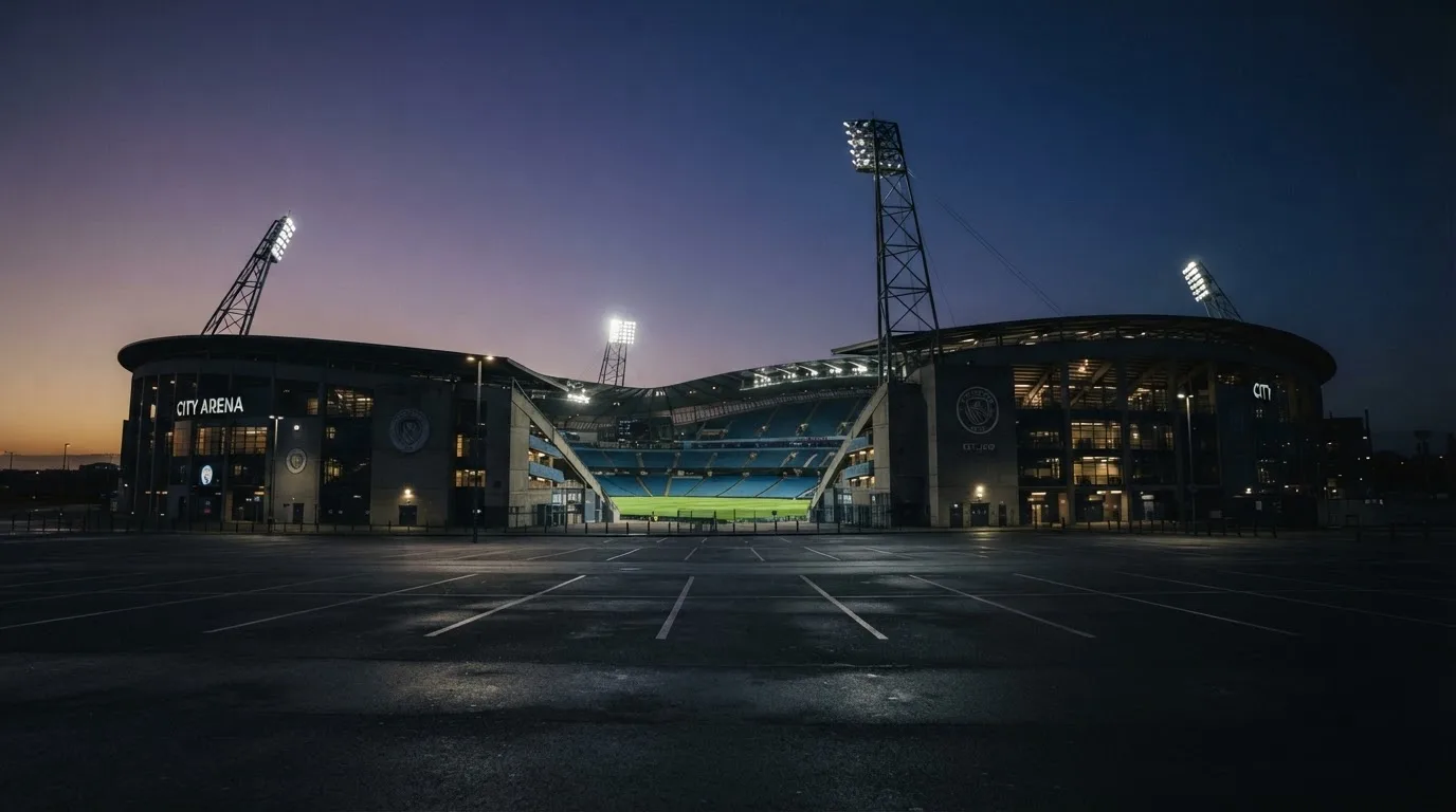Ein Fußballstadion von außen in der Dämmerung, hohe Flutlichtmasten vor einem violetten Himmel, davor ein leerer Parkplatz.