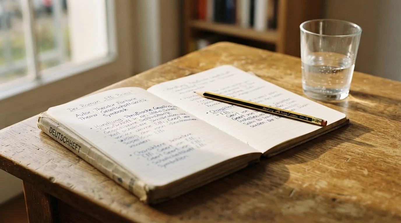 Ein aufgeschlagenes Heft mit handschriftlichen Notizen und ein Bleistift liegen auf einem Schreibtisch, daneben ein Glas Wasser.