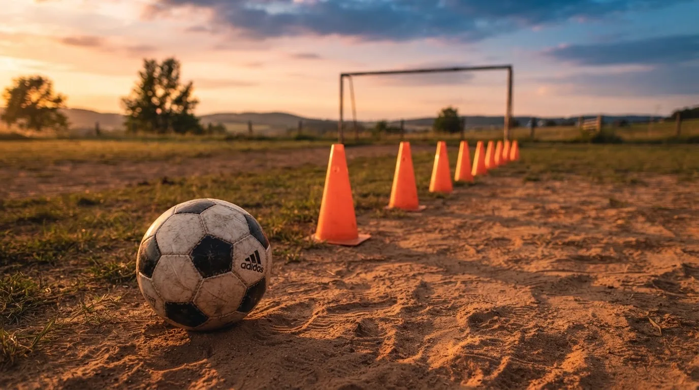 Ein Fußball auf rotem Sandboden neben einer Reihe Hütchen auf einem Trainingsplatz bei untergehender Sonne.