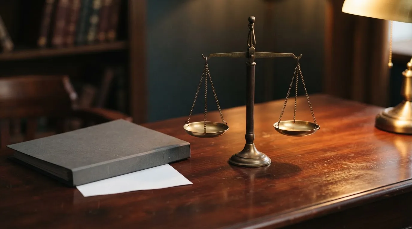 Eine Waage aus Messing und ein geschlossener Aktenordner ohne Beschriftung stehen auf einem polierten Schreibtisch.