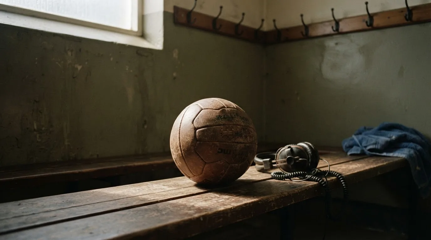 Ein Fußball liegt neben Kopfhörern auf einer Holzbank in einer Umkleide, Licht fällt durch ein schmales Fenster.