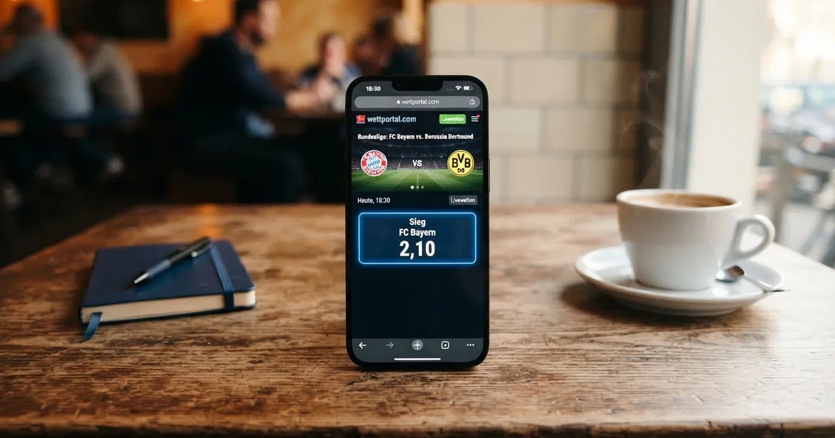 Ein Smartphone mit dunklem Bildschirm liegt auf einem Tisch in einem Café, daneben eine Tasse und ein Notizbuch.