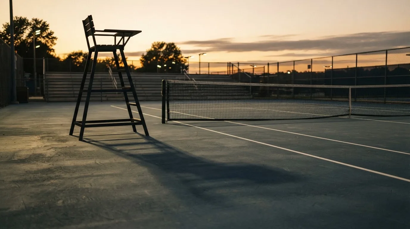 Ein leerer Schiedsrichterstuhl am Spielfeldrand eines Tennisplatzes im Abendlicht, lange Schatten auf dem Belag.