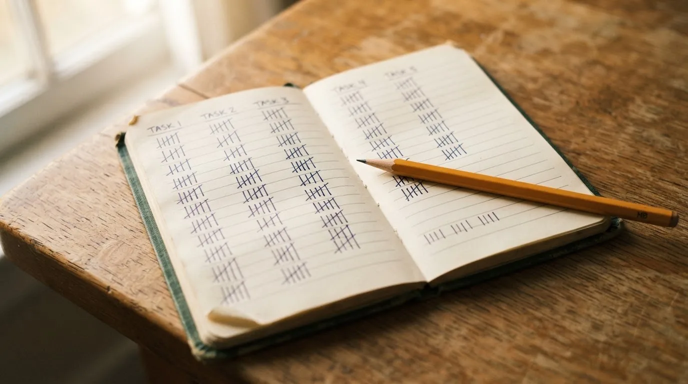 Ein handschriftlich geführtes Heft mit Strichlisten liegt neben einem Bleistift auf einem Tisch, seitlich fällt Tageslicht herein.