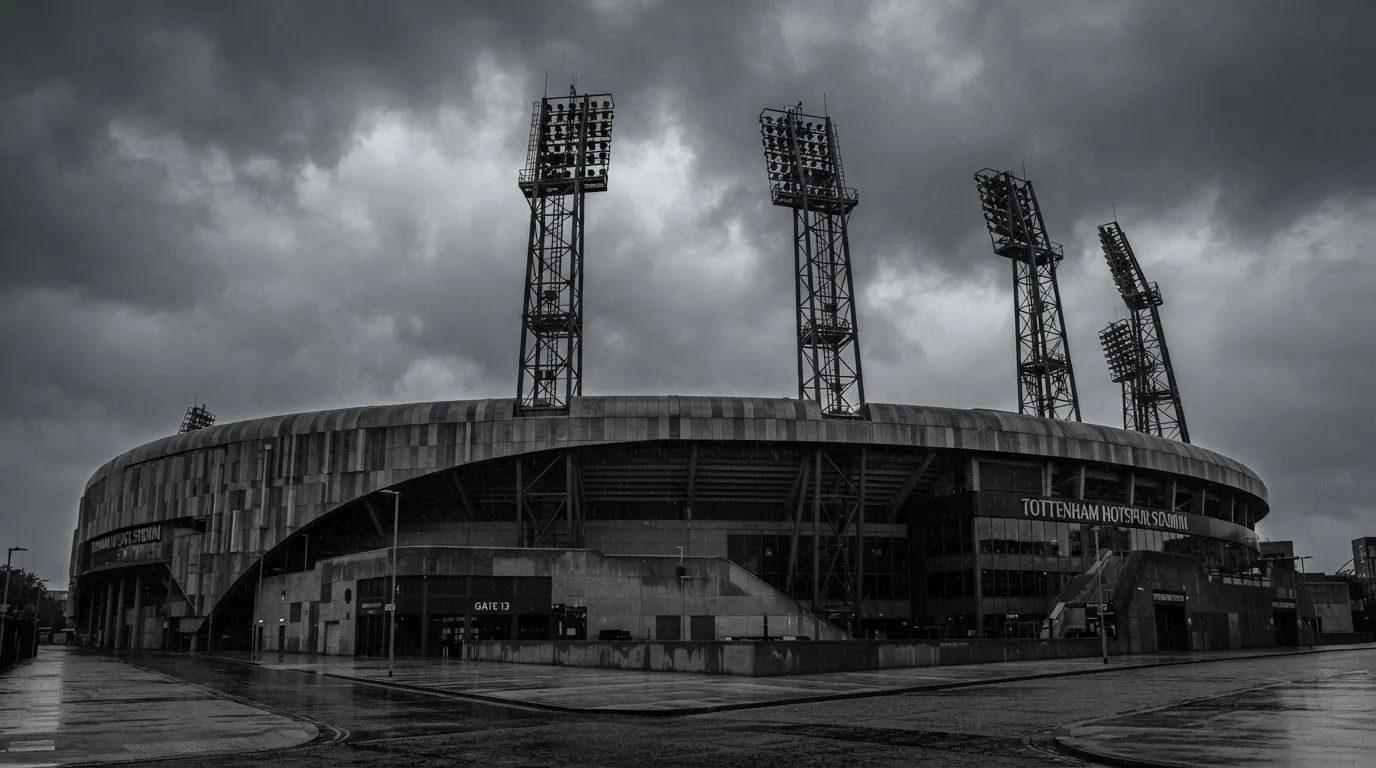 Ein leeres Stadion von außen, hohe Flutlichtmasten vor einem grauen Himmel mit Regenwolken.