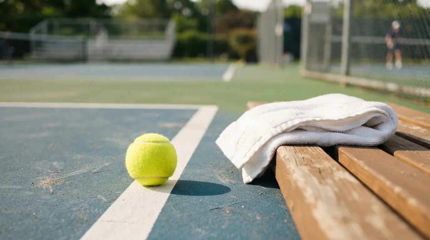 Ein gelber Tennisball liegt auf einer weißen Linie, daneben ein Handtuch auf einer Bank am Spielfeldrand.