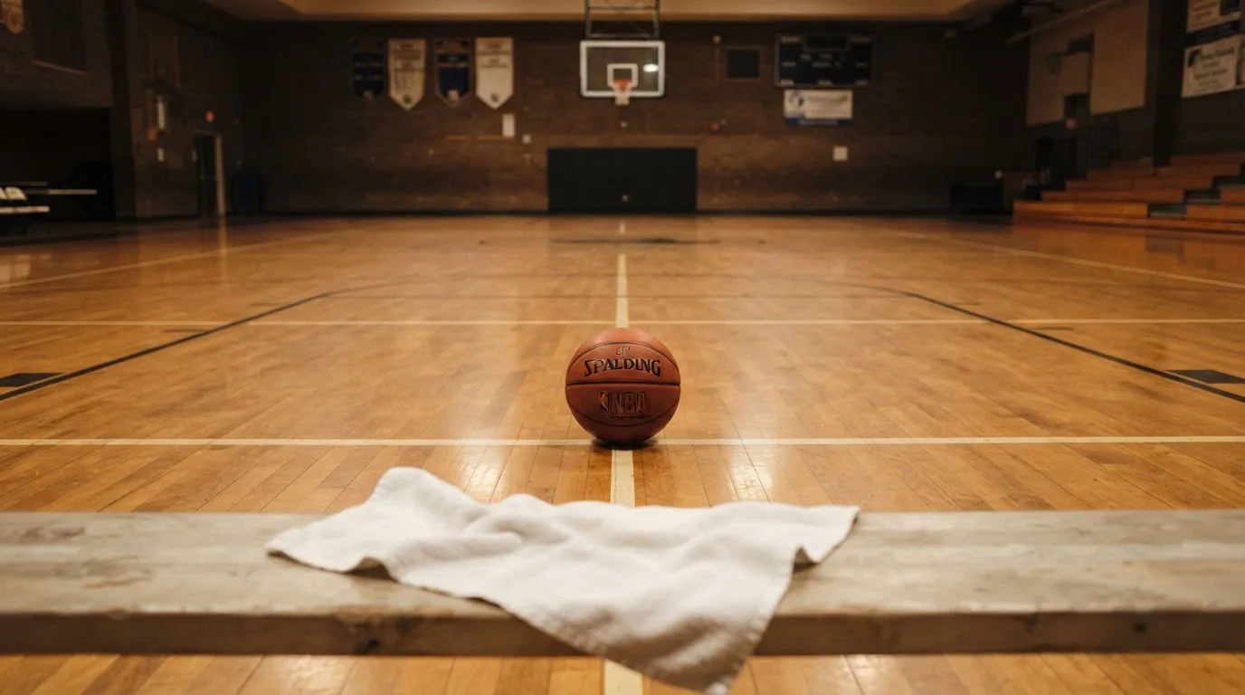 Ein Basketball liegt auf der Freiwurflinie einer Halle, im Vordergrund ein Handtuch auf einer Bank.