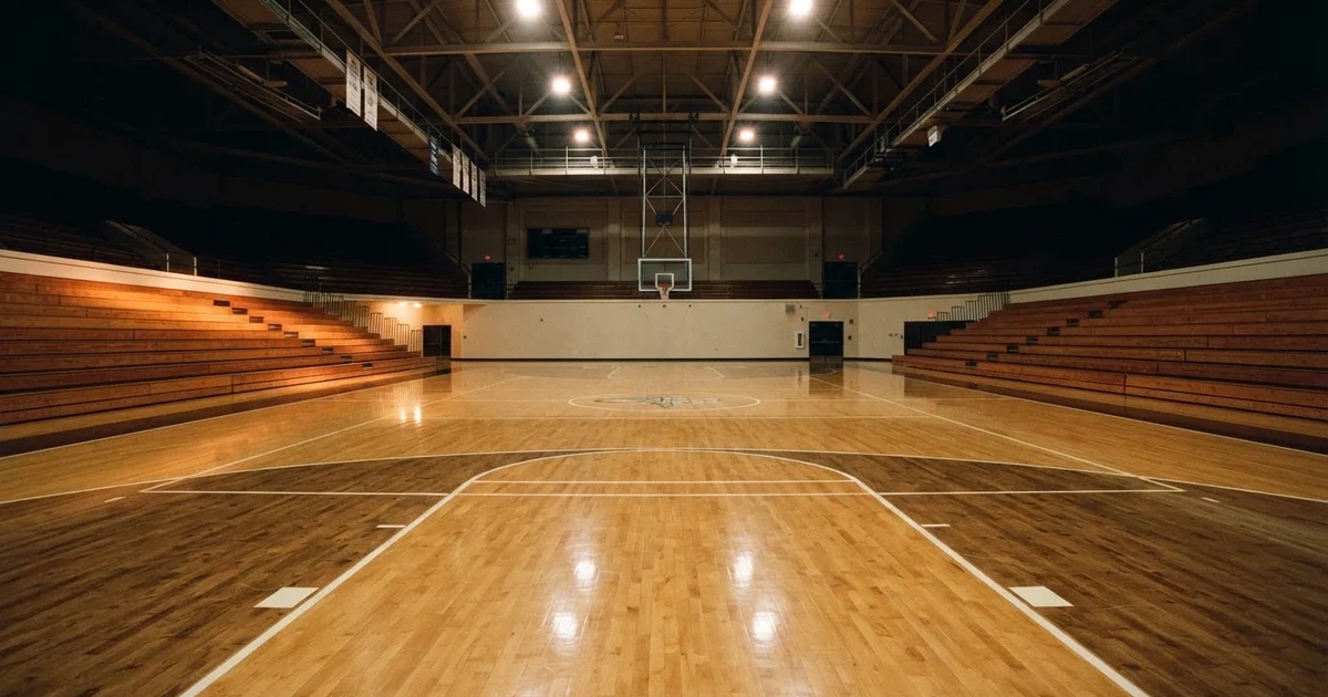 Eine leere Basketballhalle mit glänzendem Parkett und einem Korb im Hintergrund, Licht von Deckenstrahlern spiegelt sich im Boden.