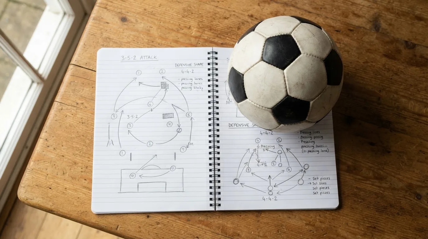 Ein Fußball liegt auf einem Notizbuch mit handgezeichneten Skizzen von Spielzügen, aufgenommen von oben auf einem Holztisch.