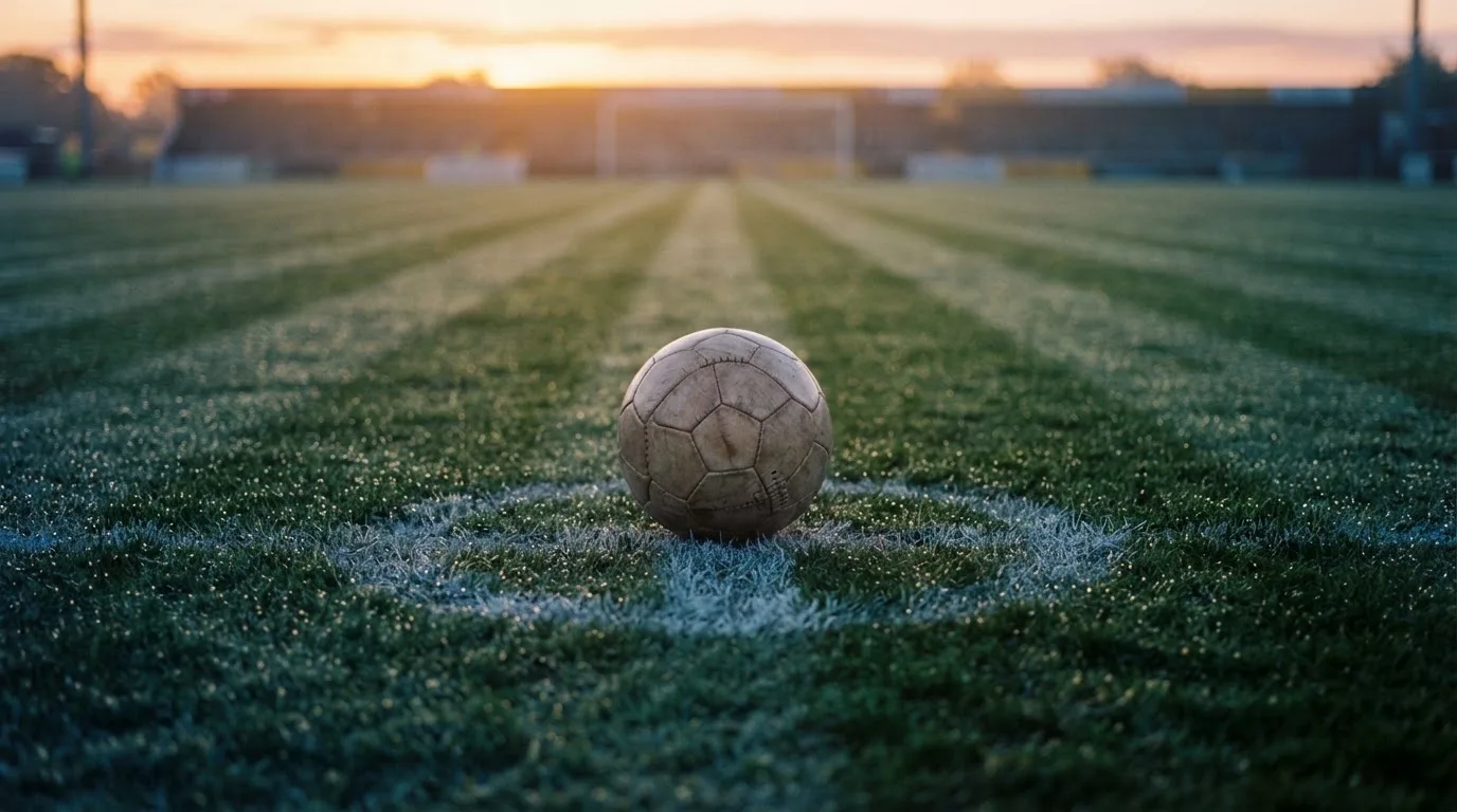 Ein Fußball liegt auf dem Anstoßpunkt eines Rasens bei Sonnenaufgang, Tau glitzert auf den Halmen.