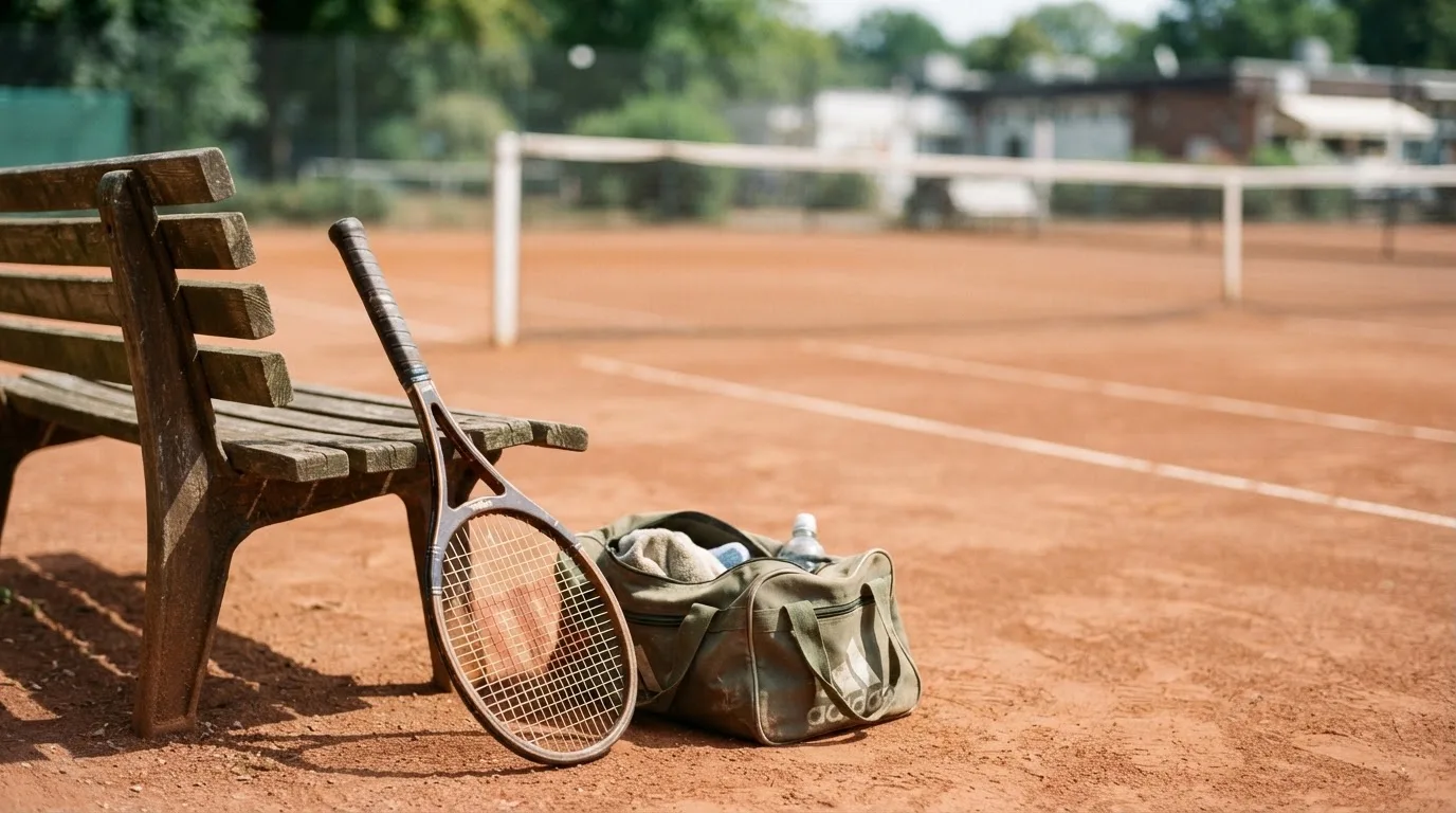 Ein Tennisschläger lehnt an einer Bank neben einer Sporttasche, im Hintergrund ein leerer Platz.