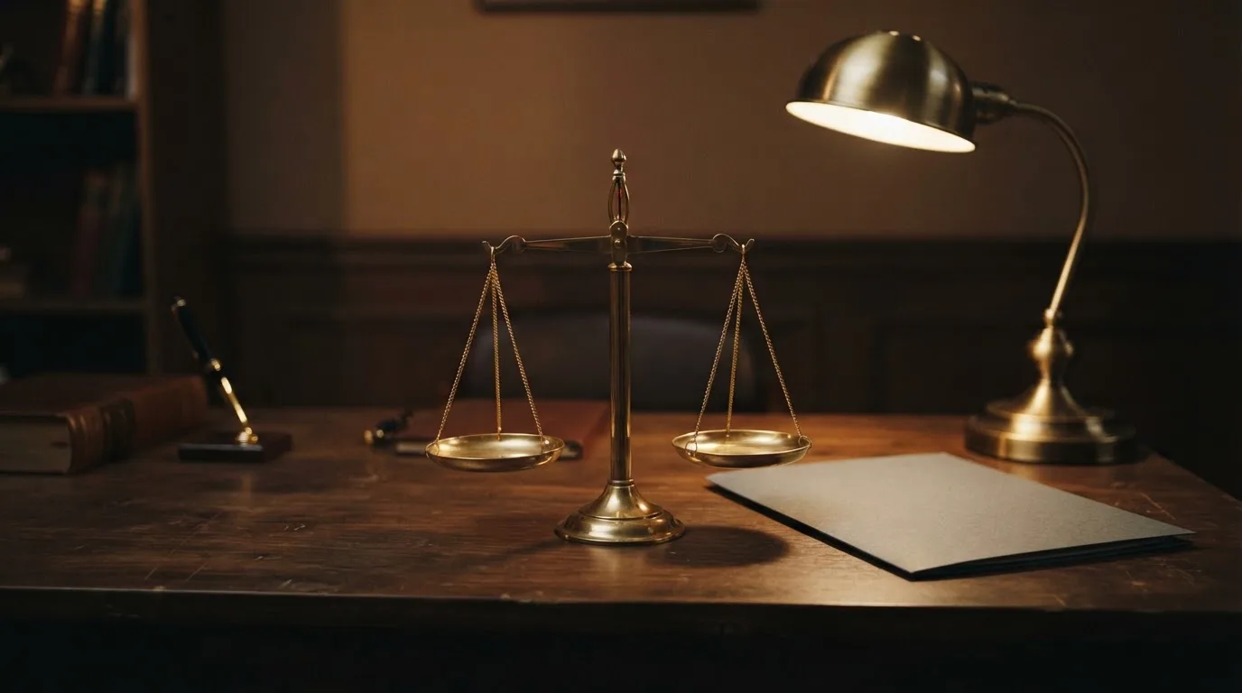 Eine Waage aus Messing und ein geschlossener Ordner ohne Beschriftung stehen neben einer Tischlampe auf einem Schreibtisch.