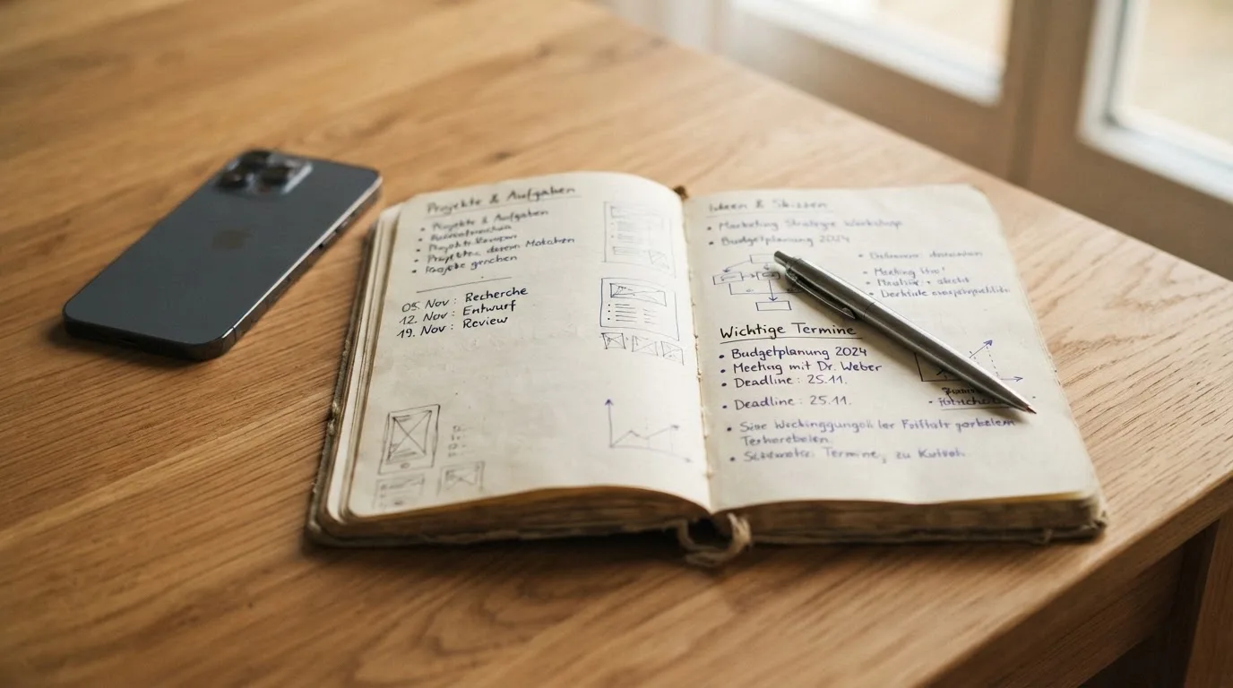 Ein Notizbuch mit handschriftlichen Notizen und ein Kugelschreiber liegen neben einem Smartphone mit dunklem Display auf einem Holztisch.