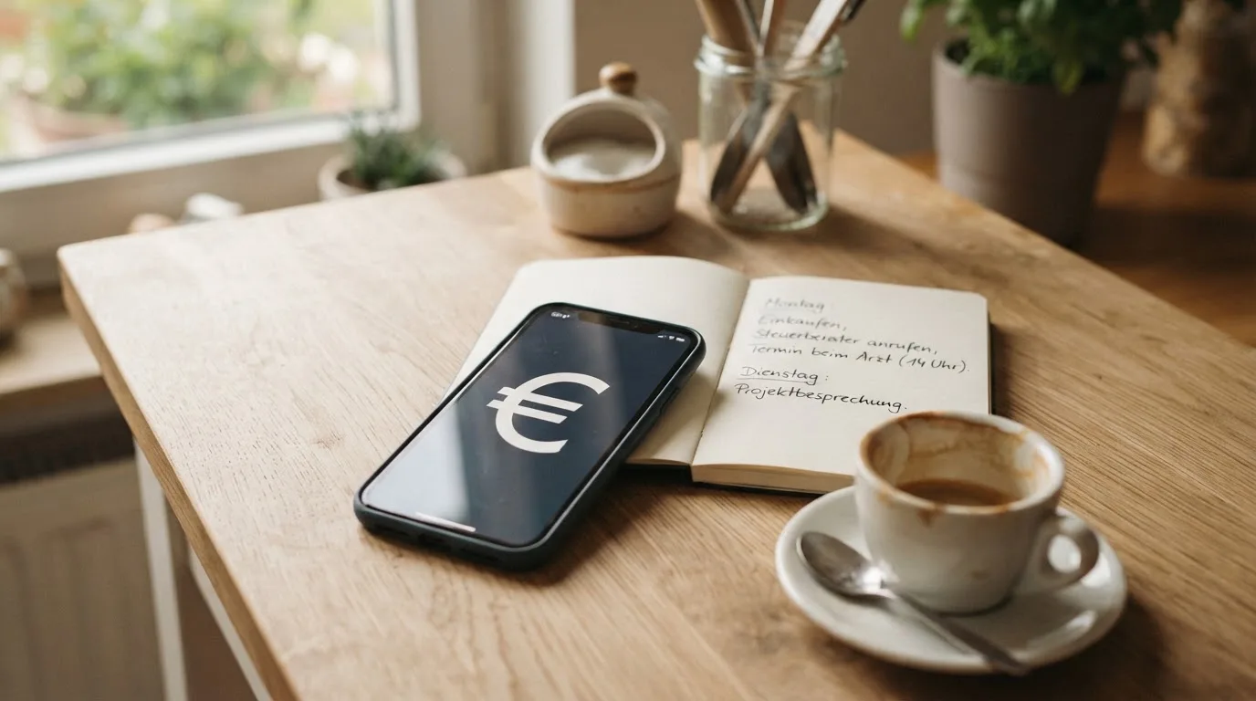 Ein Smartphone mit dunklem Display liegt neben einer Kaffeetasse und einem Notizblock auf einem hellen Tisch.