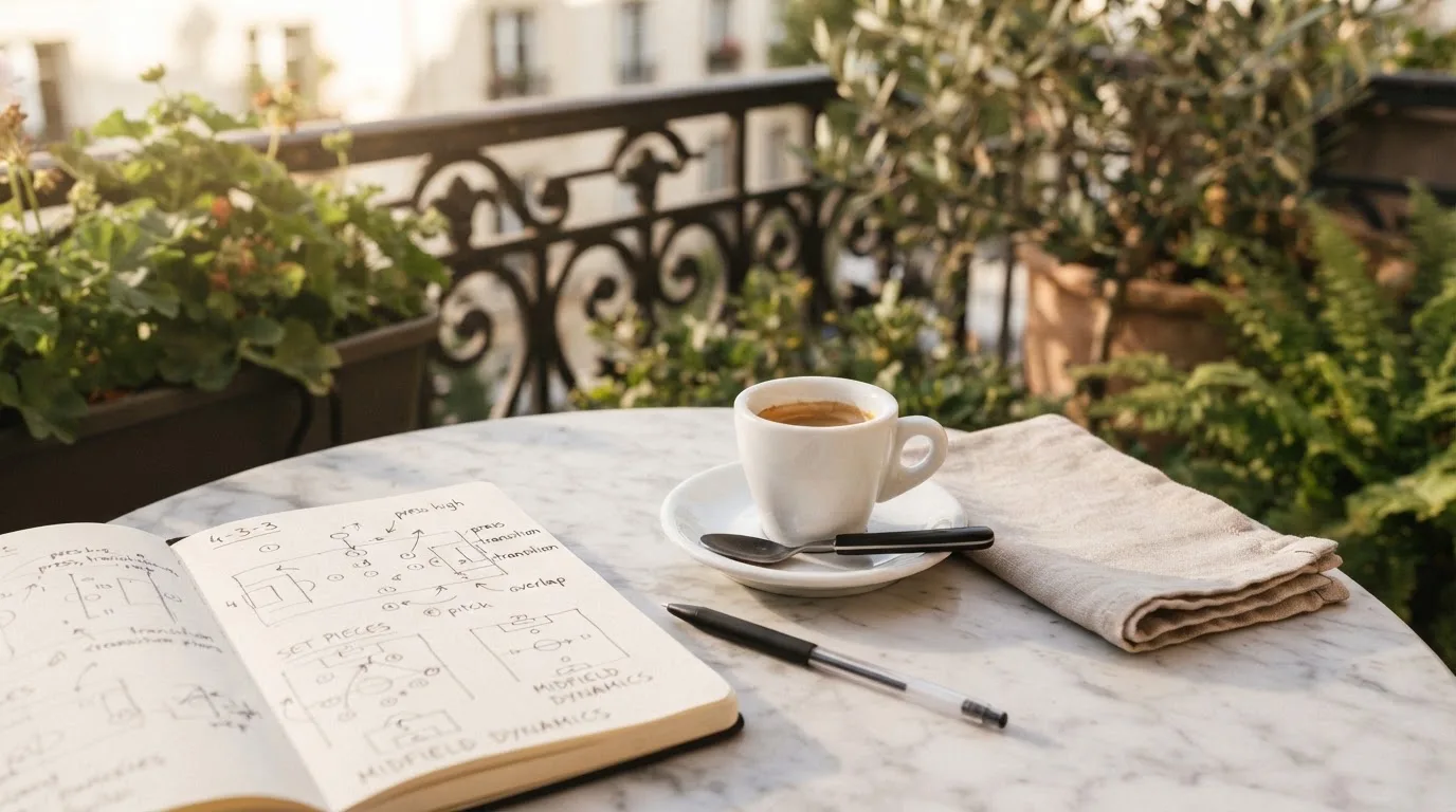 Eine Espressotasse steht auf einem kleinen Marmortisch einer Terrasse, daneben ein Notizheft mit handschriftlichen Skizzen.