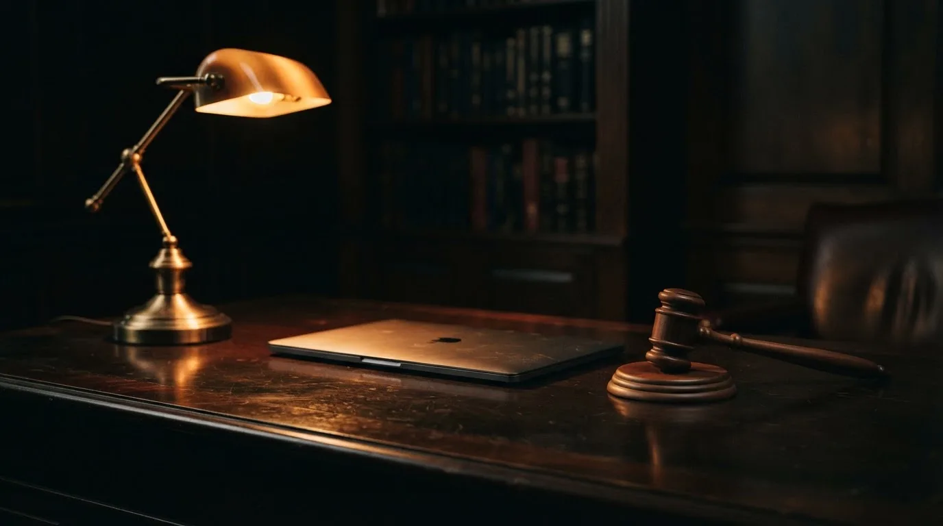 Ein Schreibtisch mit Stehlampe, einem geschlossenen Laptop und einem hölzernen Richterhammer im Halbdunkel.