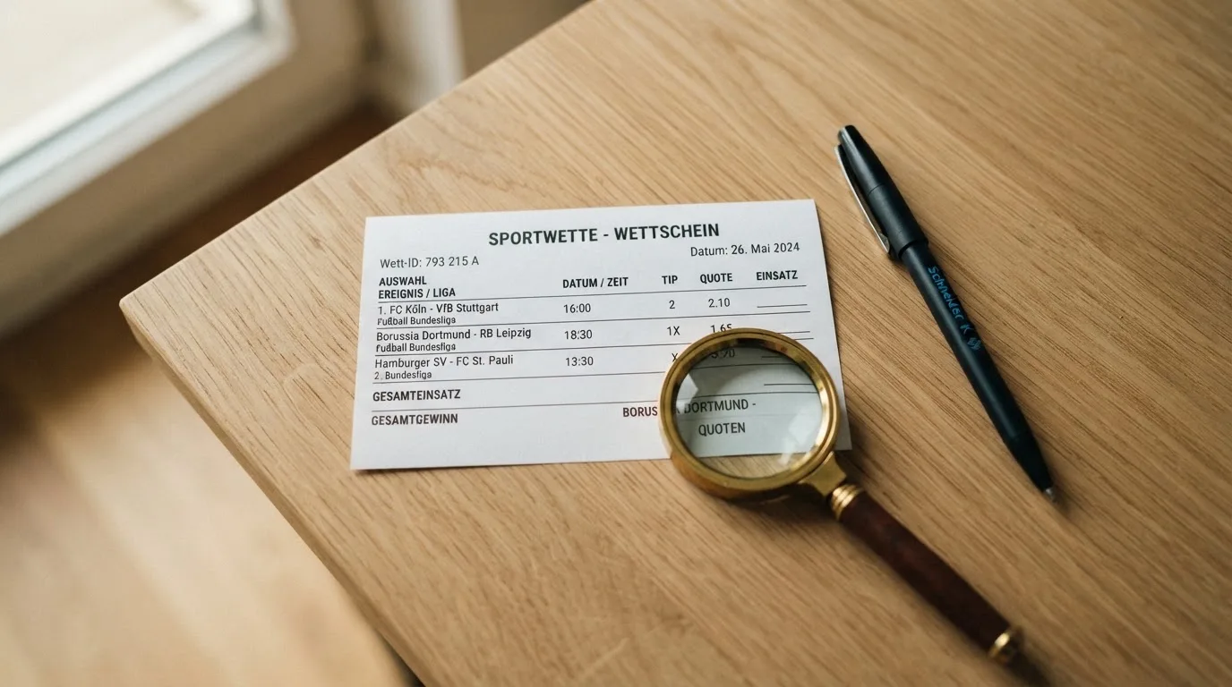 Ein leerer Wettschein aus Papier und ein Kugelschreiber liegen auf einem Schreibtisch neben einer Lupe.