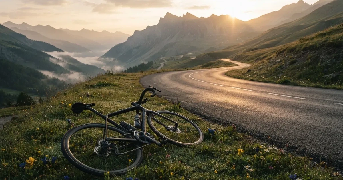 Eine leere Landstraße schlängelt sich im Morgenlicht durch einen Gebirgspass, am Straßenrand liegt ein einzelnes Rennrad im Gras.