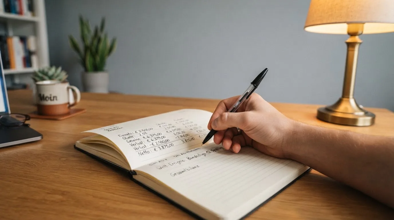 Ein Notizbuch mit handschriftlichen Rechnungen und ein Taschenrechner liegen auf einem aufgeräumten Schreibtisch in warmem Licht.