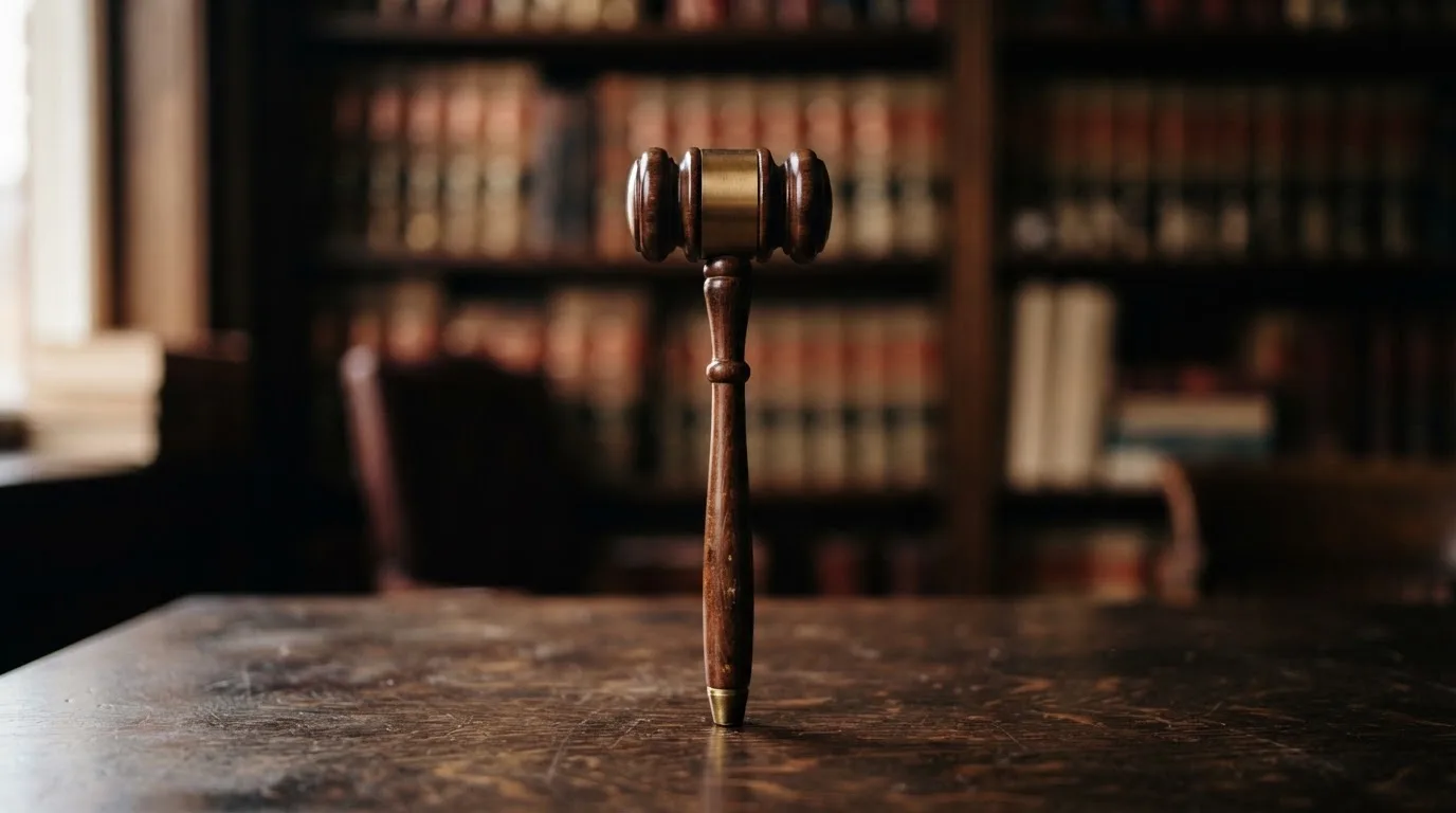 Ein Richterhammer aus Holz steht auf einer dunklen Schreibtischplatte, im Hintergrund ein unscharfes Bücherregal.