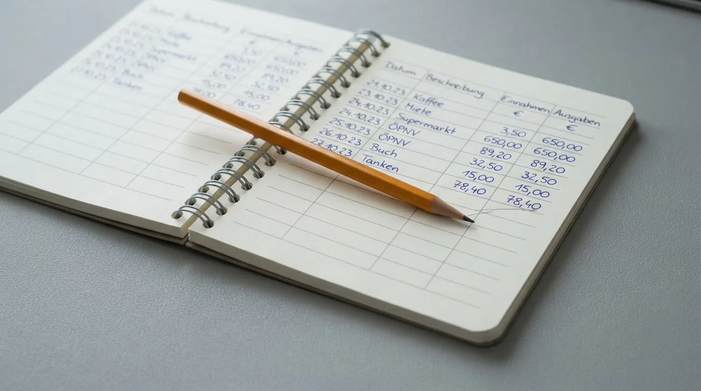 Ein Taschenrechner, ein Bleistift und ein Block mit handschriftlichen Zahlenreihen liegen auf einer grauen Arbeitsfläche.