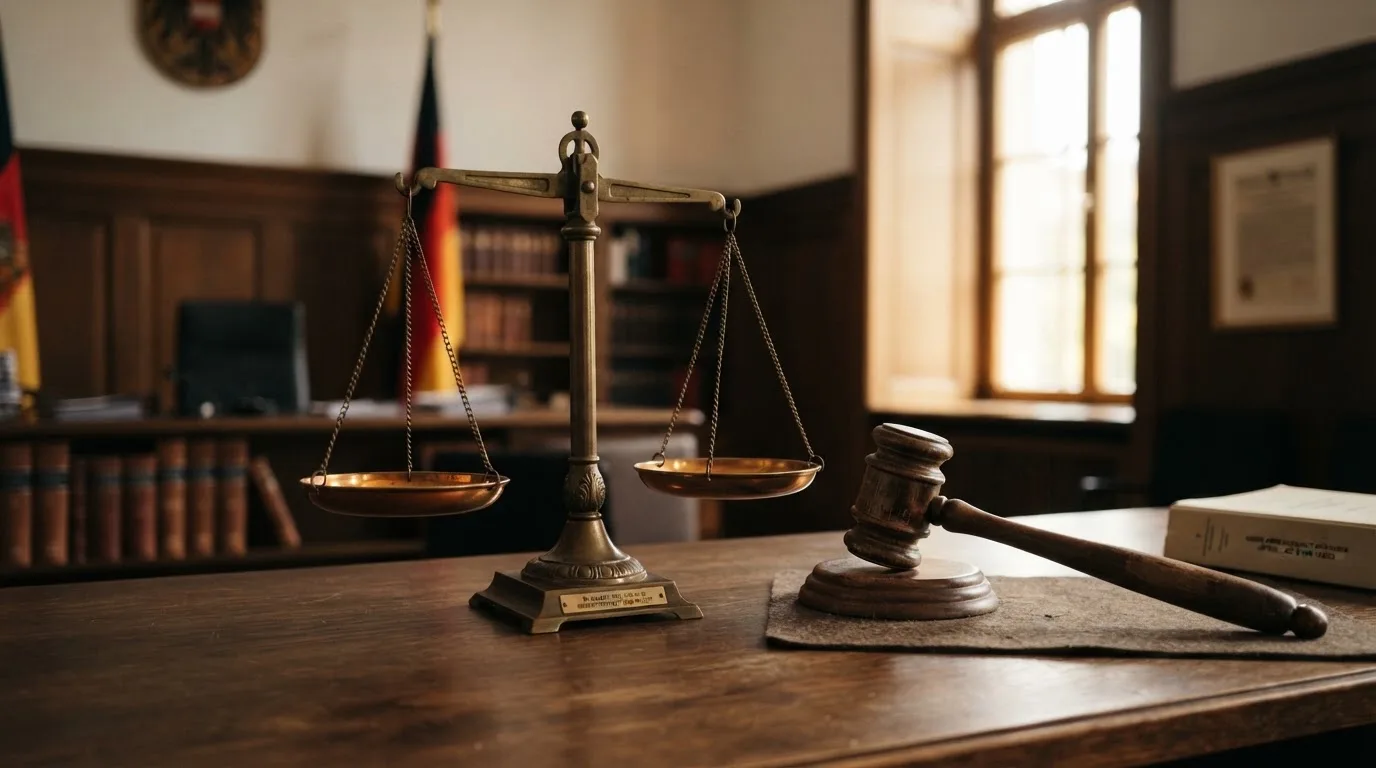 Eine Balkenwaage aus Messing steht auf einem Schreibtisch, daneben ein hölzerner Hammer, das Licht fällt von einem hohen Fenster.