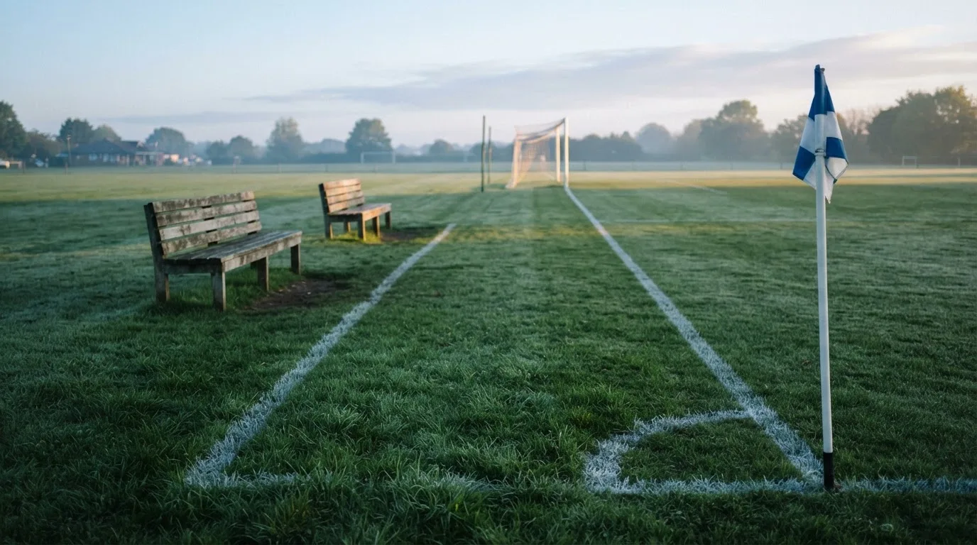 Ein Fußballplatz mit frisch gezogenen Kreidelinien im ersten Morgenlicht, leere Ersatzbänke am Spielfeldrand.