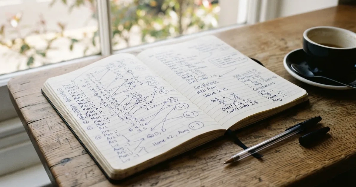 Ein aufgeklapptes Notizbuch mit handschriftlichen Pfeilen und Kreuzen liegt neben einem Kugelschreiber und einem Becher Kaffee auf einem Tisch am Fenster.