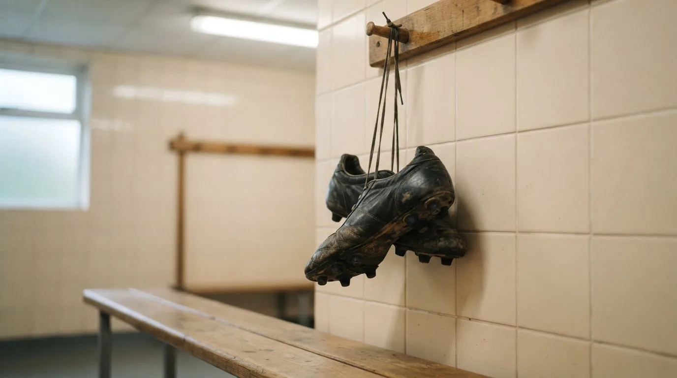 Ein Paar Fußballschuhe hängt an den Schnürsenkeln an einem Holzhaken in einer leeren Umkleidekabine.