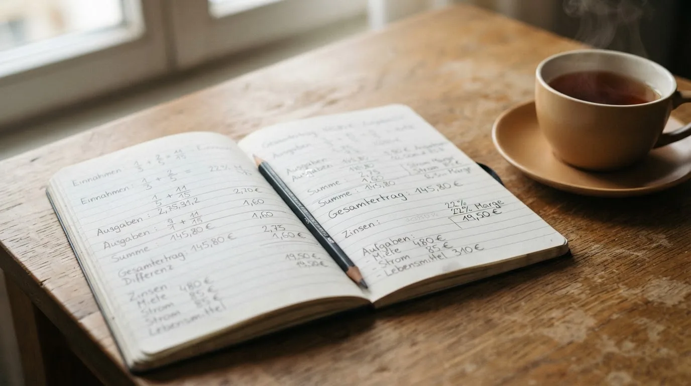 Ein Schreibtisch mit Taschenrechner, Bleistift und einem Block voller handschriftlicher Rechnungen, daneben eine Tasse Tee.