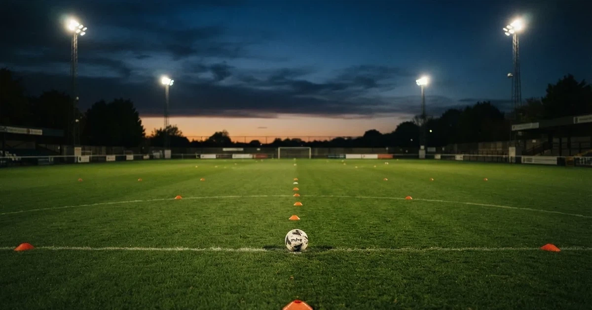 Eine Flutlichtanlage ragt über einen Trainingsplatz, auf dem Rasen liegen verstreut Hütchen und ein Ball, am Himmel die Abenddämmerung.
