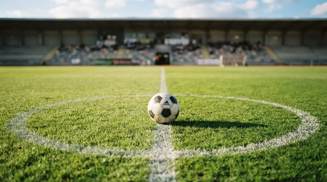 Ein Fußball liegt auf dem Rasen im Mittelkreis, die Kreidelinien führen scharf ins Bild, dahinter verschwimmt eine Tribüne.