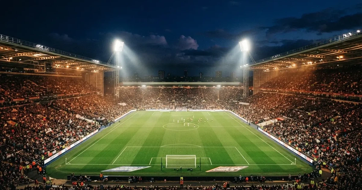 Ein großes Stadion bei Nacht, aus der Ferne unter Flutlicht gesehen, die Ränge hell erleuchtet, der Rasen leuchtend grün.
