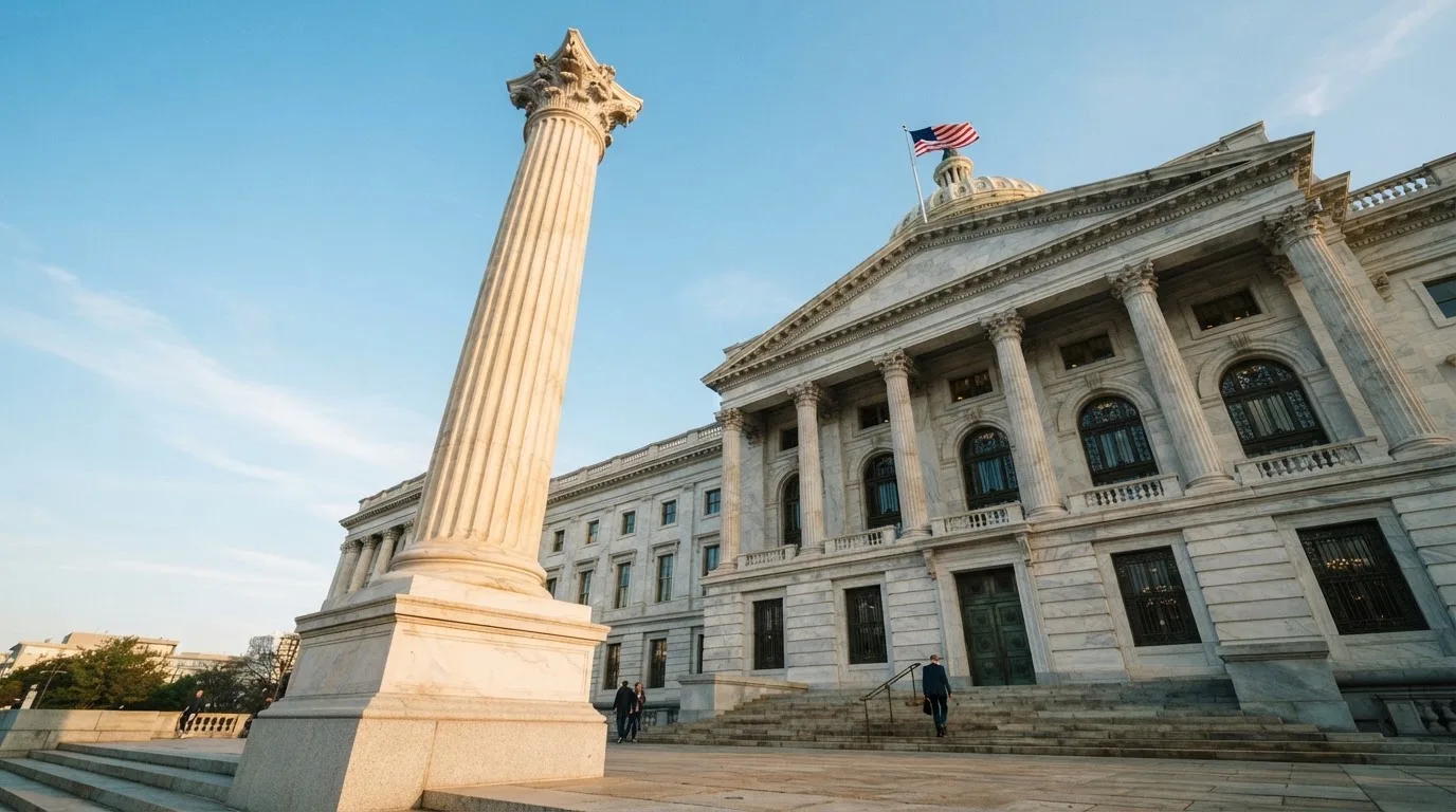 Eine Marmorsäule vor einem klassischen Gebäude, im Hintergrund blauer Himmel.