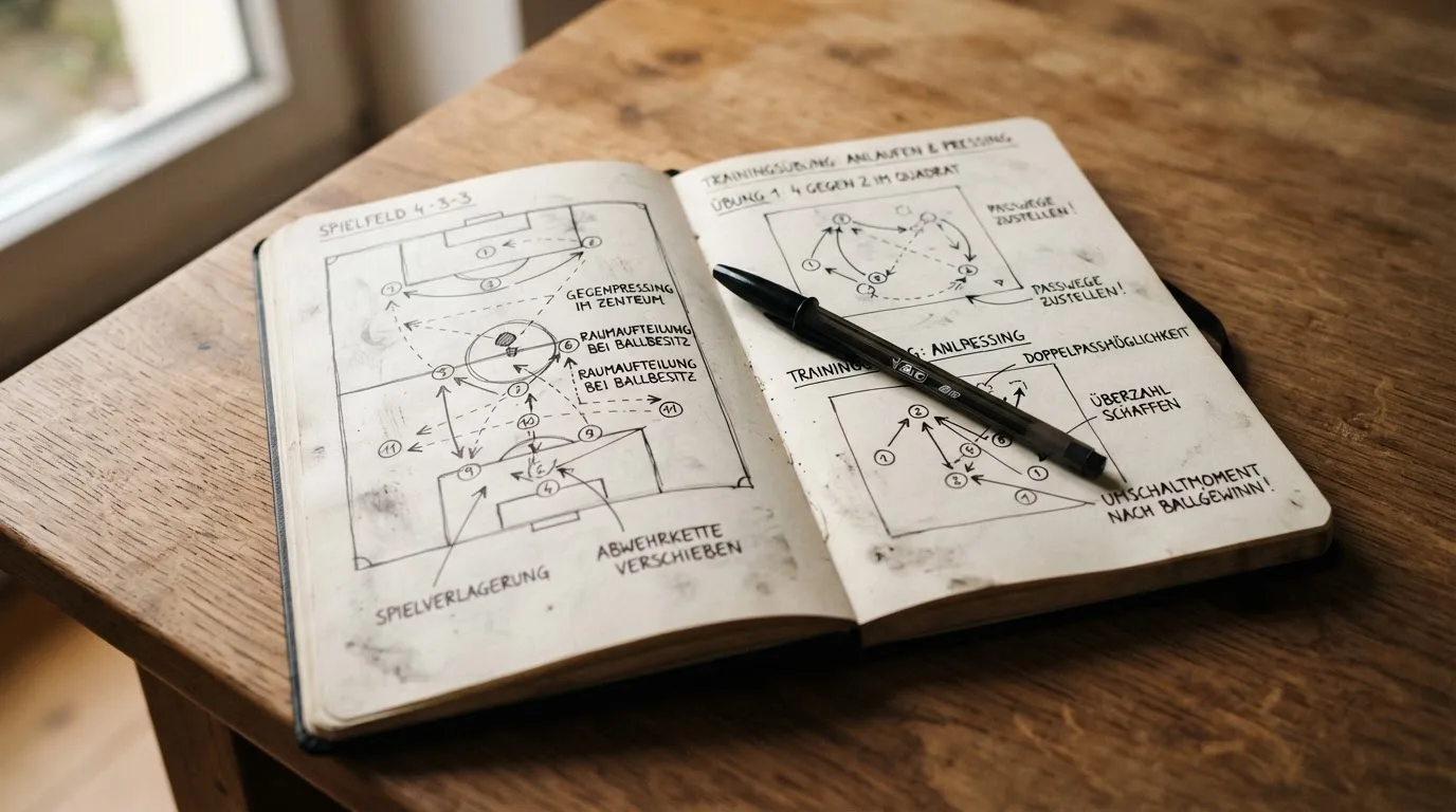 Ein aufgeschlagenes Notizbuch mit handschriftlichen Skizzen von Spielzügen liegt neben einem Kugelschreiber auf einem Holztisch.