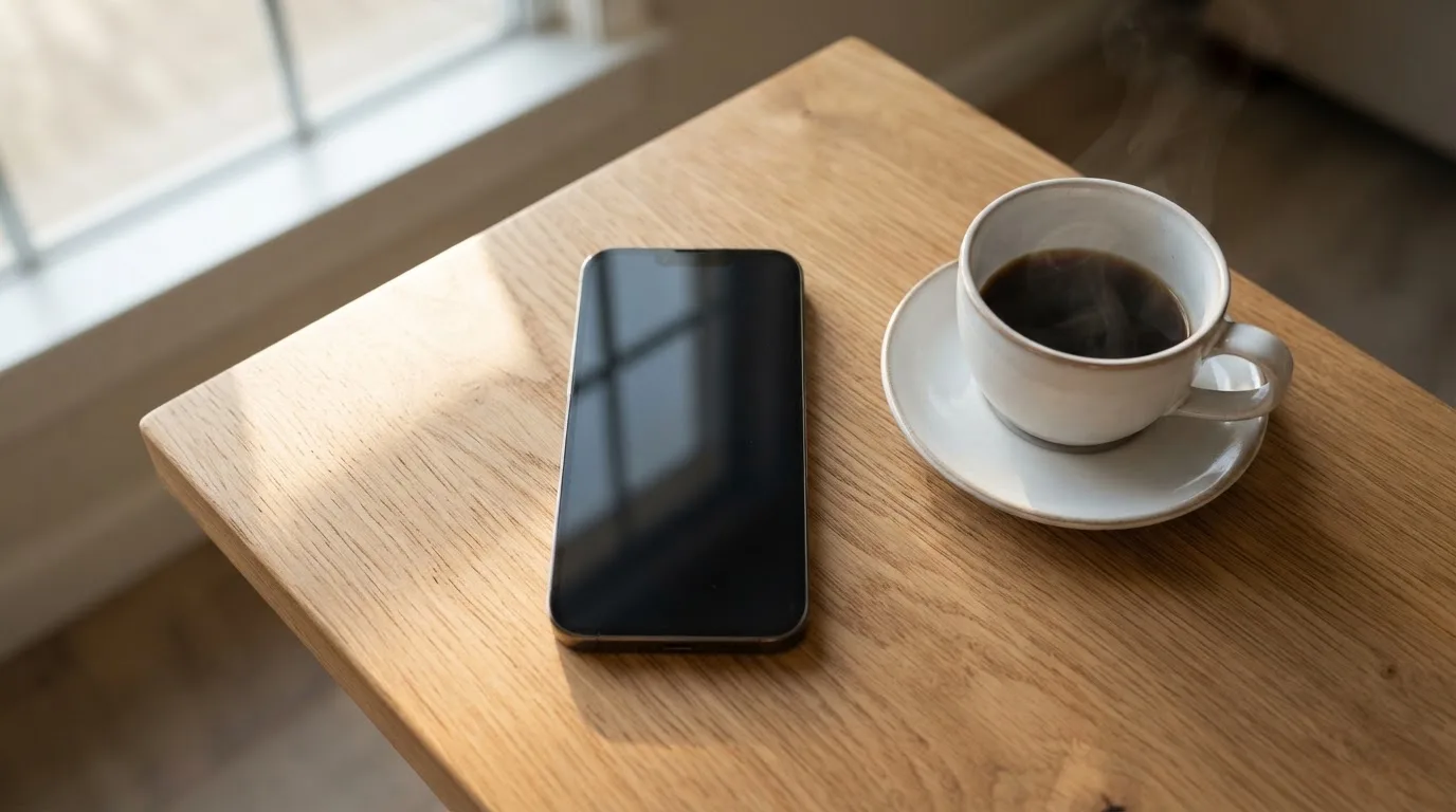 Ein Smartphone mit dunklem Display liegt neben einer Kaffeetasse auf einem Holztisch im Licht eines Fensters.