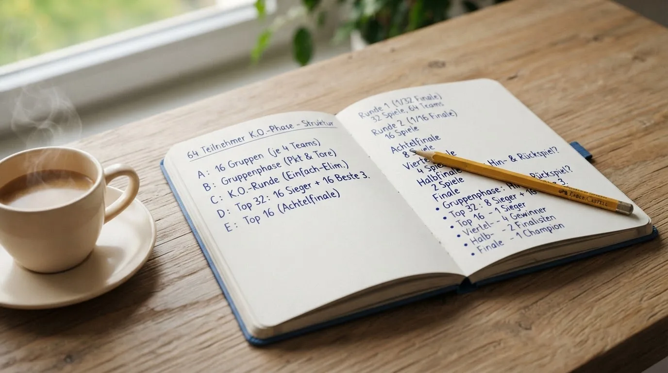 Ein aufgeschlagenes Notizbuch mit handgeschriebenen Stichpunkten und ein Bleistift liegen neben einer Kaffeetasse auf einem hellen Holztisch.