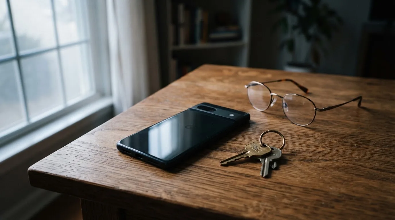 Ein Smartphone liegt mit dunklem Display auf einem Holztisch neben einem Schlüsselbund und einer Brille im Licht eines Fensters.