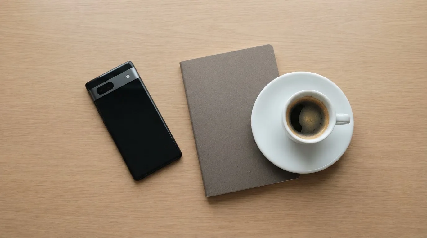 Ein Smartphone liegt mit dunklem Display auf einem Schreibtisch neben einem Notizbuch und einer Kaffeetasse.