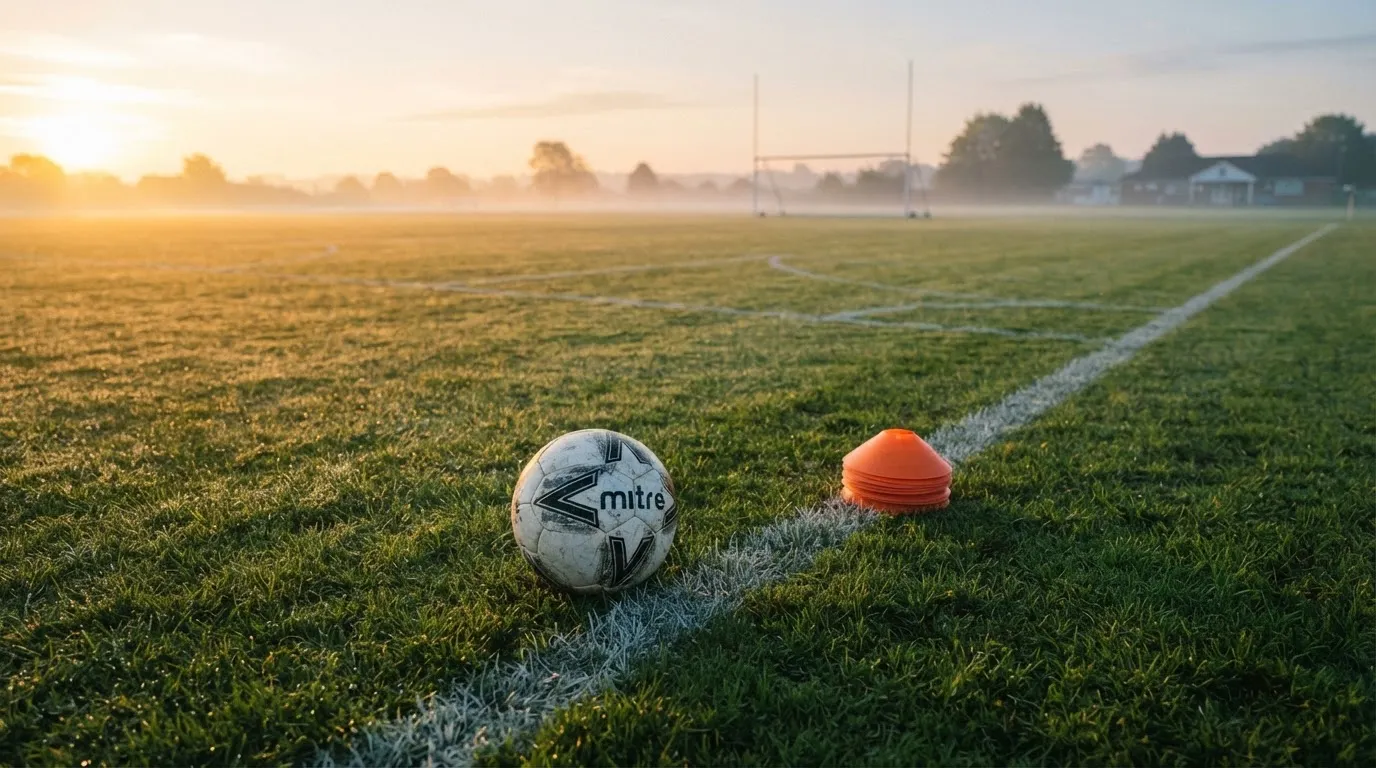 Ein Fußball liegt auf einem Rasenplatz bei Sonnenaufgang, daneben ein kleiner Stapel Trainingshütchen.