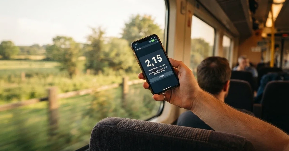 Eine Hand hält ein Smartphone mit dunklem Display in einem Zug, am Fenster ziehen verschwommen Felder vorbei.
