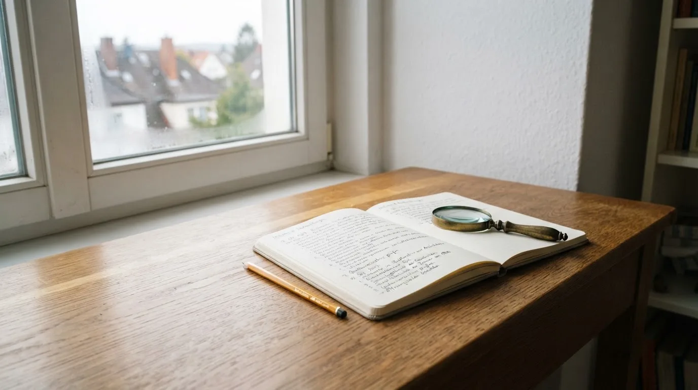 Ein schmaler Schreibtisch am Fenster mit einem Notizbuch, einer Lupe und einem Bleistift im Morgenlicht.