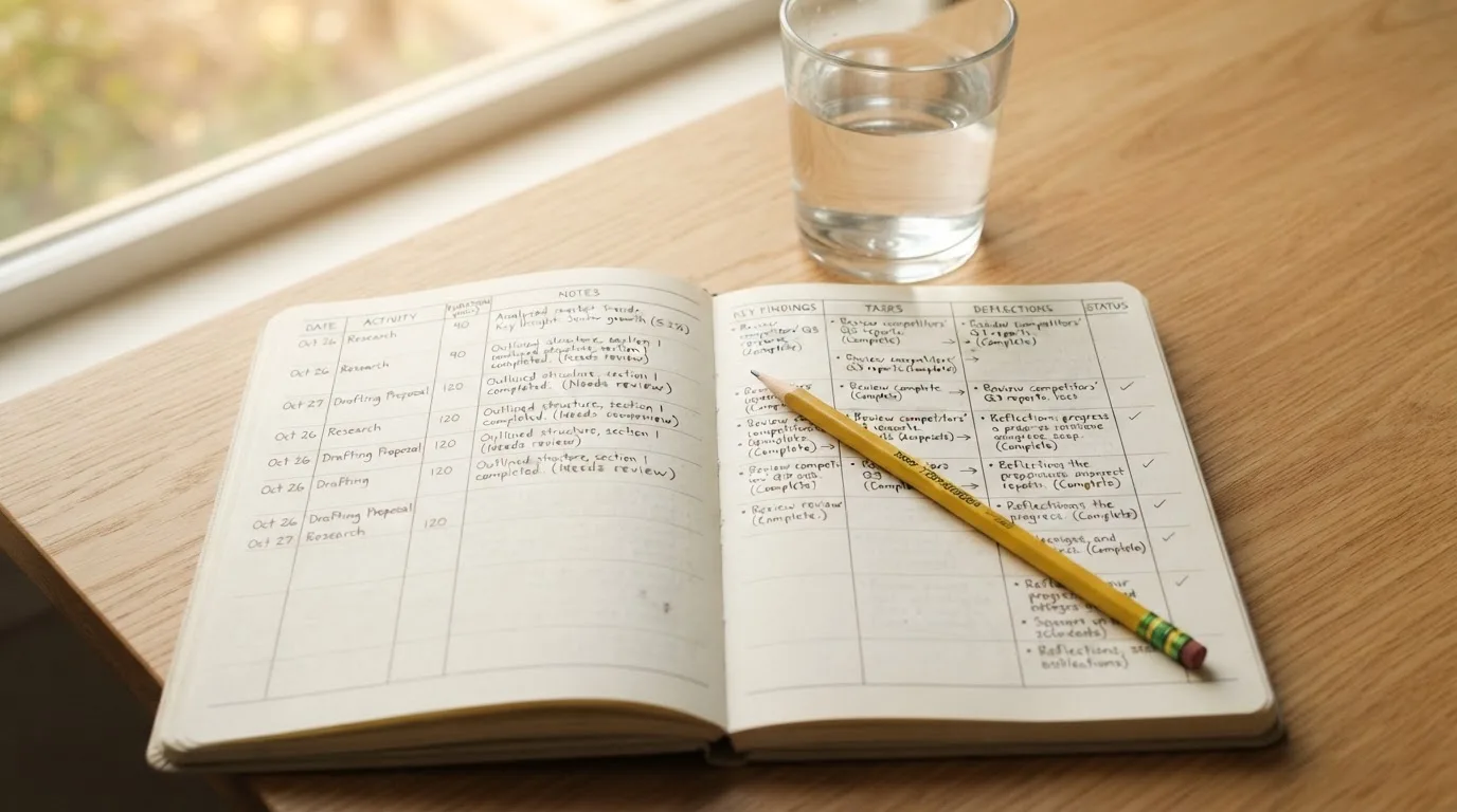 Ein Notizbuch mit handgezeichneten Spalten und ein Bleistift liegen auf einem hellen Holztisch neben einem Glas Wasser.