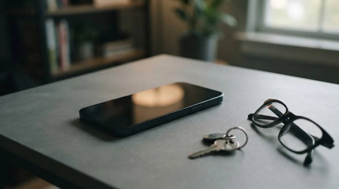 Ein Smartphone liegt mit dunklem Display auf einem Schreibtisch neben einem Schlüsselbund und einer Brille.