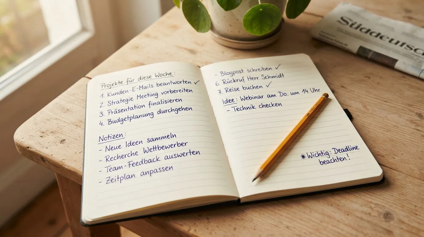 Ein Notizbuch mit handgeschriebenen Stichpunkten und ein Bleistift liegen auf einem Holztisch im Morgenlicht.