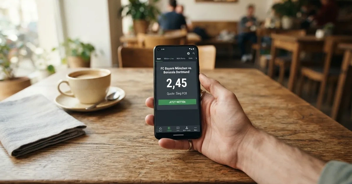 Eine Hand hält ein Smartphone mit dunklem Display, im Hintergrund unscharf ein Café-Tisch mit einer Tasse.